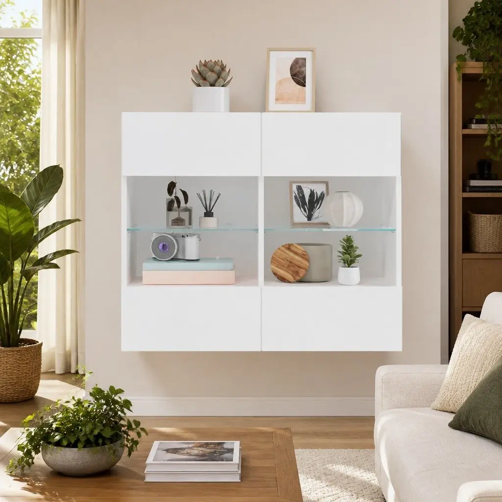 TV Wall Cabinet RGB LED Lights Wall-Mounted Media Storage Unit 78.5 x 30 x 60.5 cm White