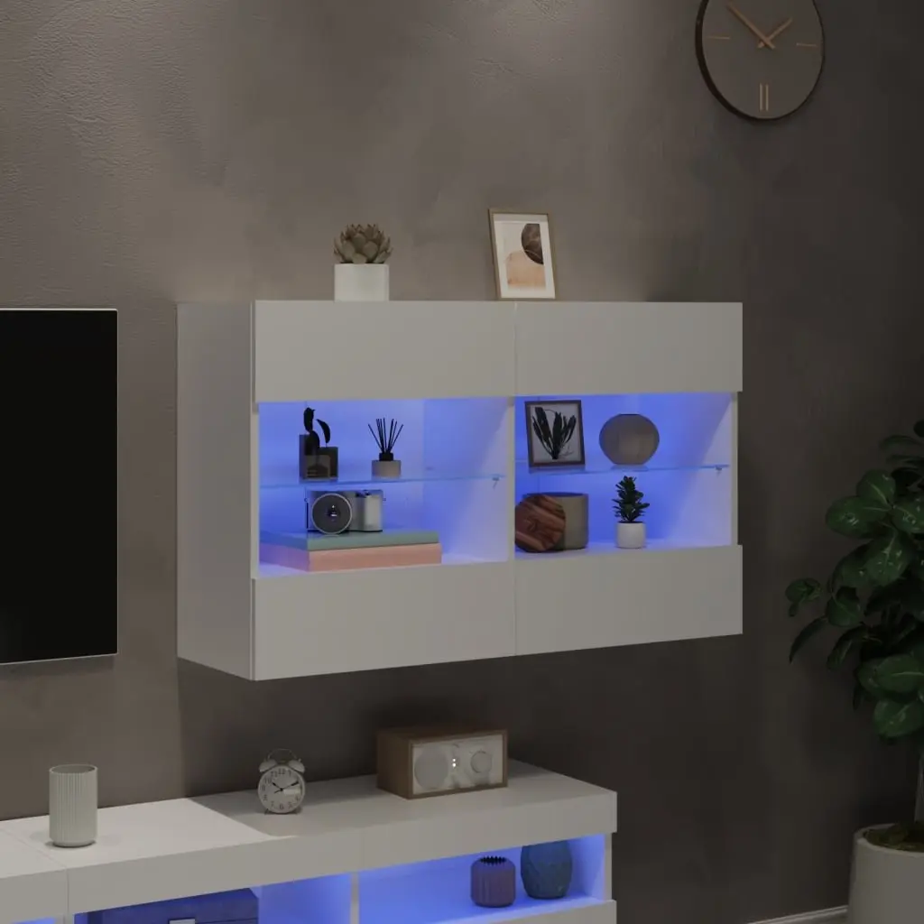 TV Wall Cabinet with RGB LED Lights Media Storage Unit White Floating Shelves