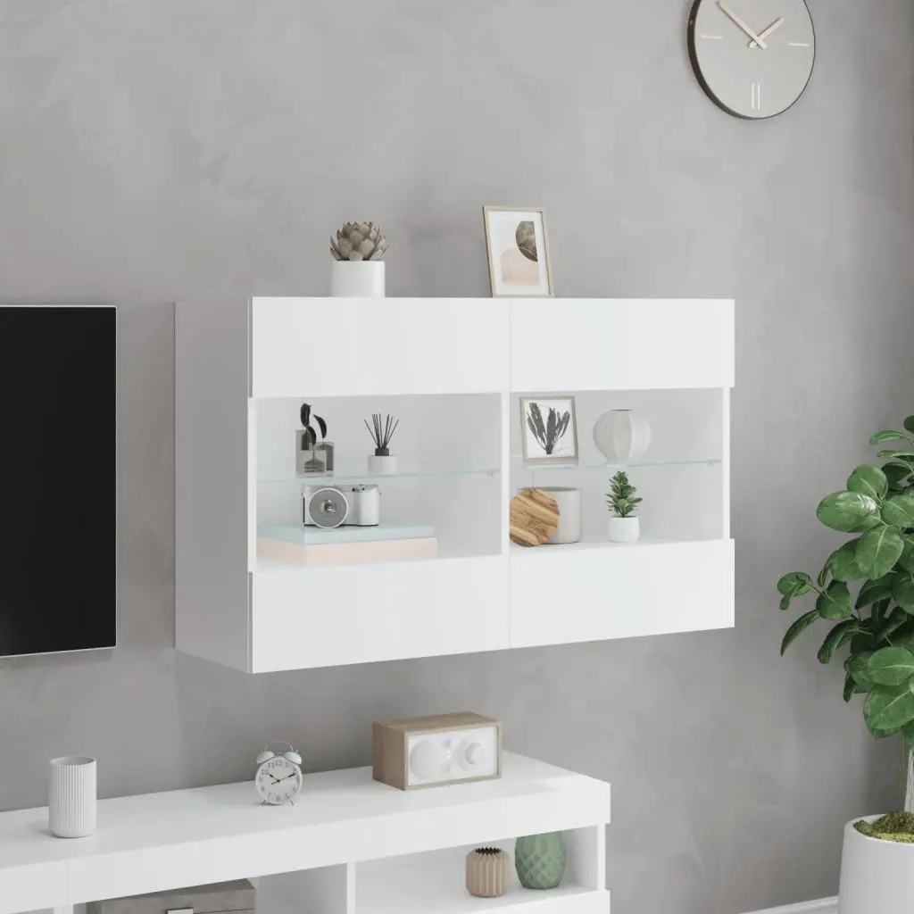 TV Wall Cabinet with RGB LED Lights Media Storage Unit White Floating Shelves