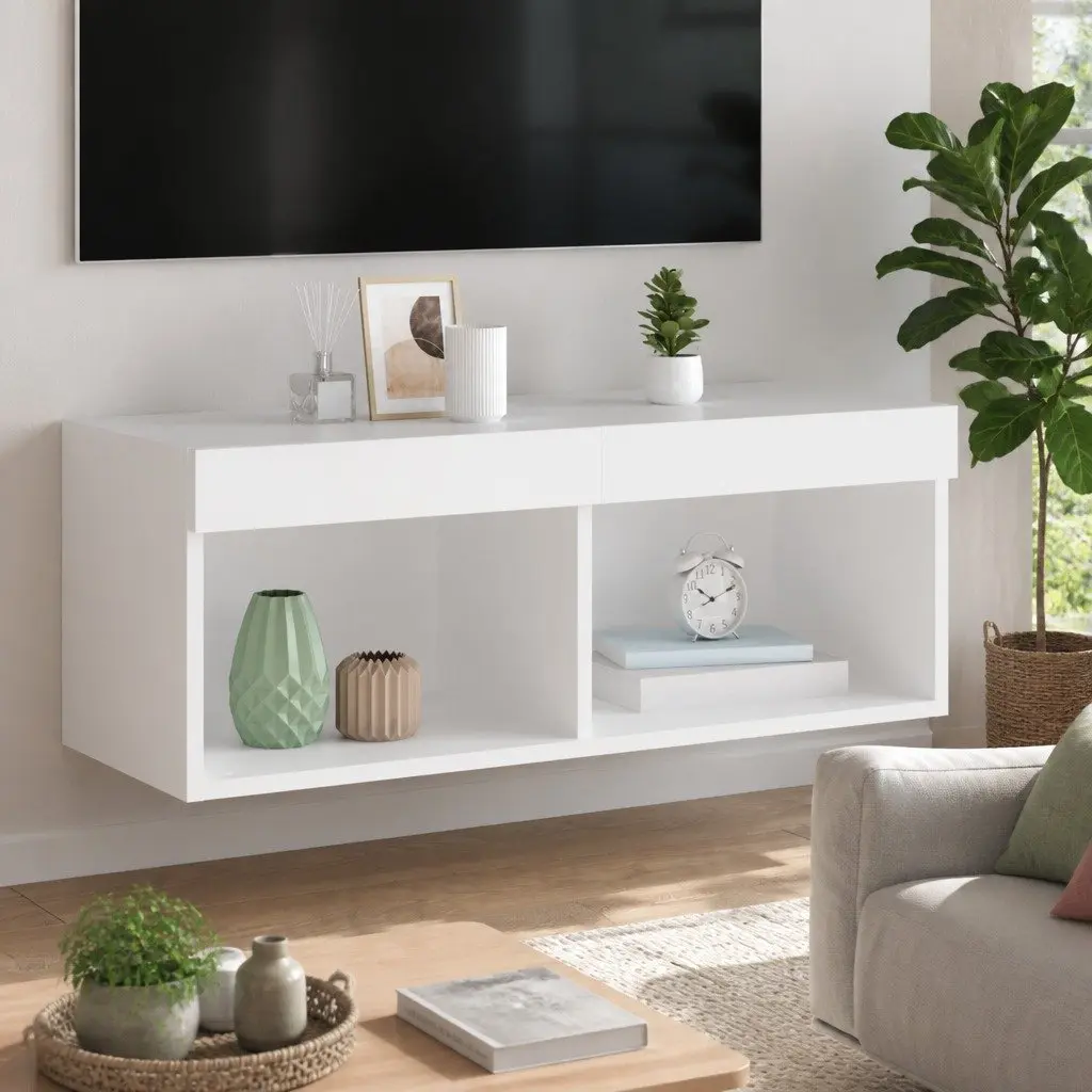 TV Cabinet Media Storage Unit Wall-Mounted 80x30x30cm White RGB LED Lights