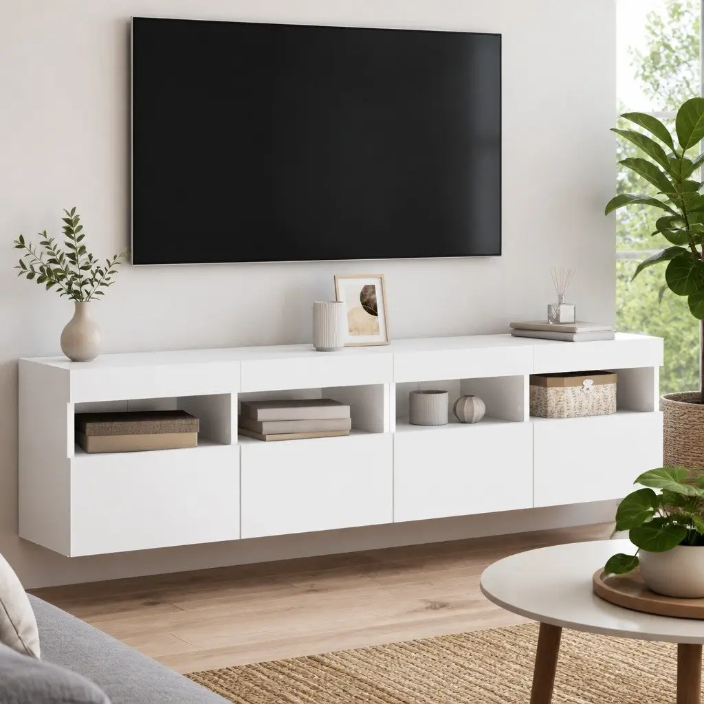 TV Wall Cabinet RGB LED Lights Floating Storage Unit White 80x30x40cm 2 Piece