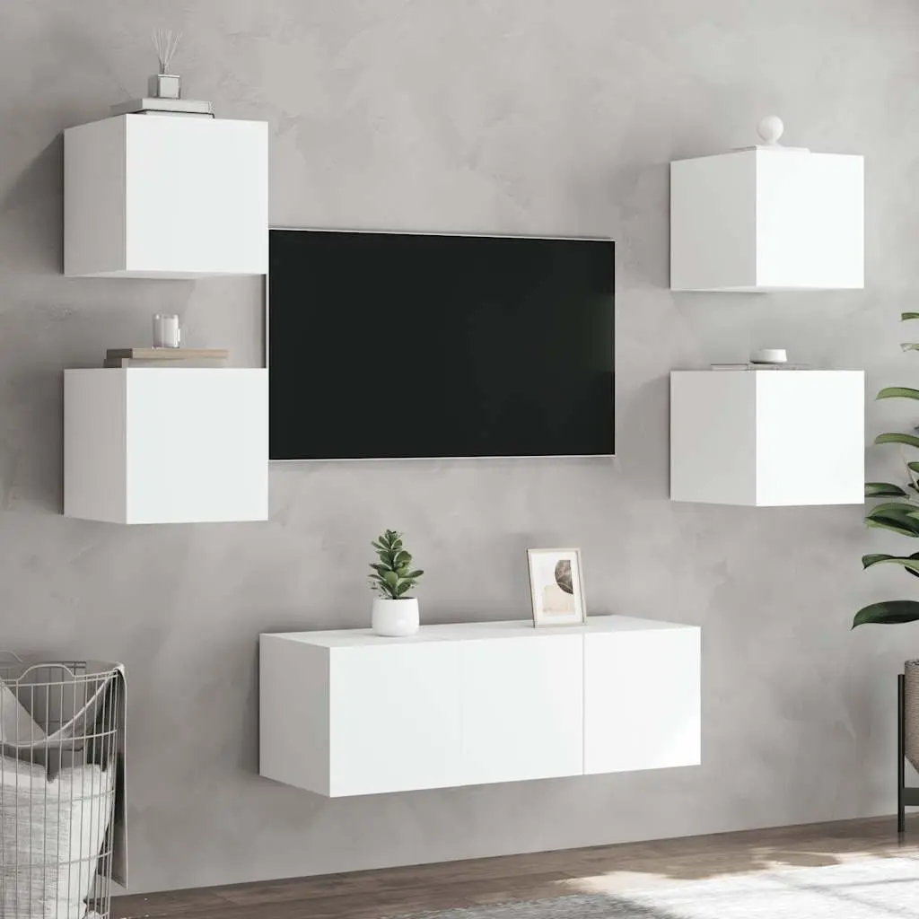 White TV Wall Cabinets with Storage and Lights