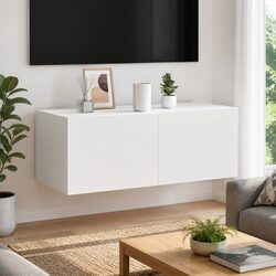 Functional White TV Wall Cabinet with RGB Lighting