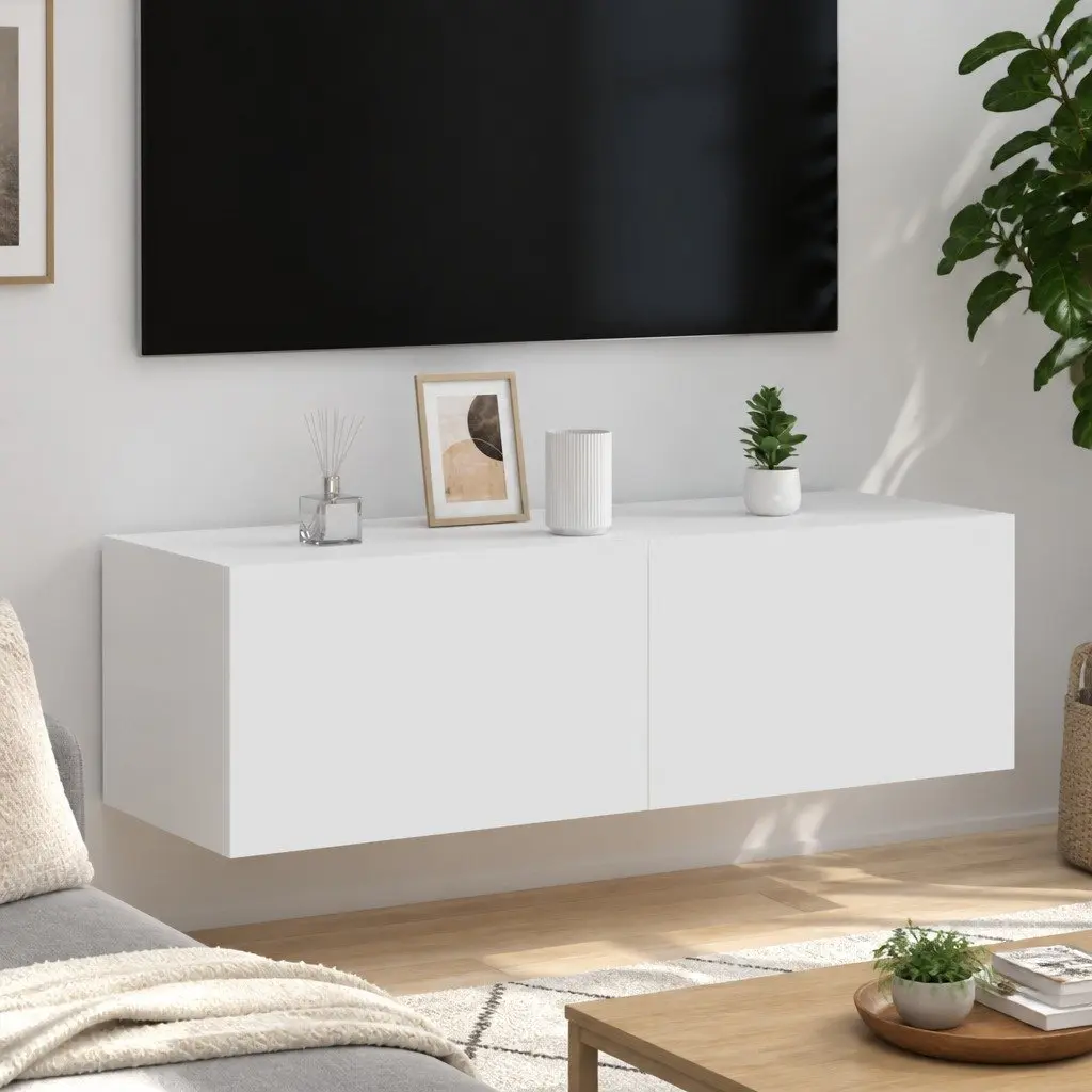 TV Wall Cabinet Storage White Wall-Mounted Media Unit 100 x 35 x 31 cm with RGB LED Lights