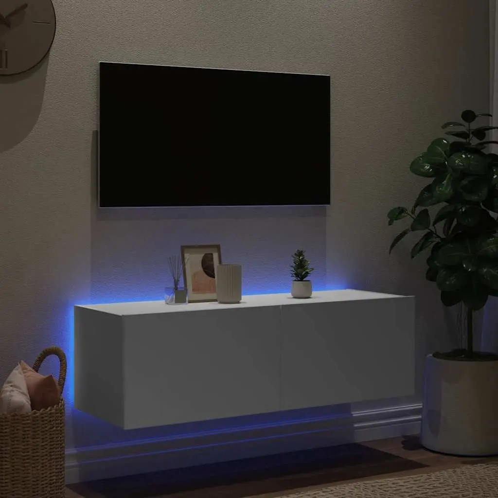 TV Wall Cabinet Storage White Wall-Mounted Media Unit 100 x 35 x 31 cm with RGB LED Lights