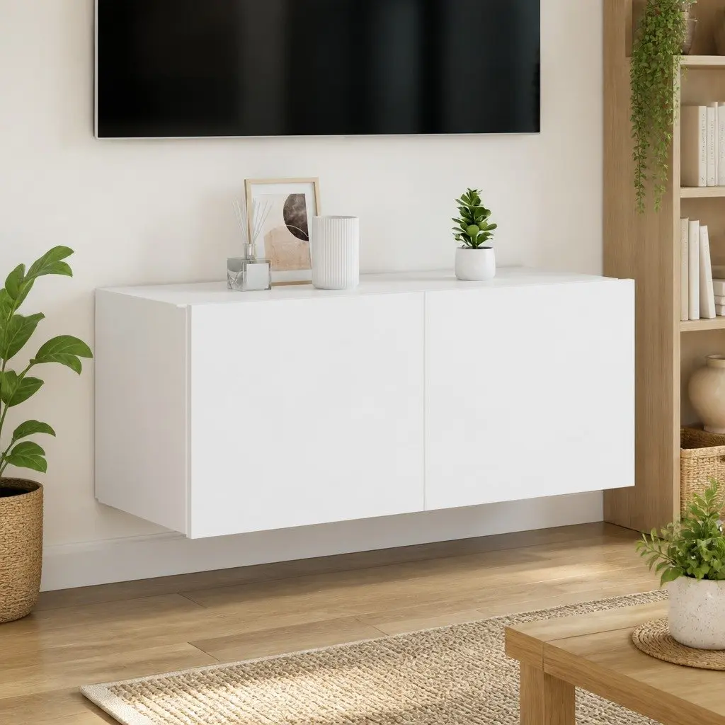 TV Wall Cabinet Storage Unit Floating Media Console Shelf White RGB LED Lights 80x35x41 cm