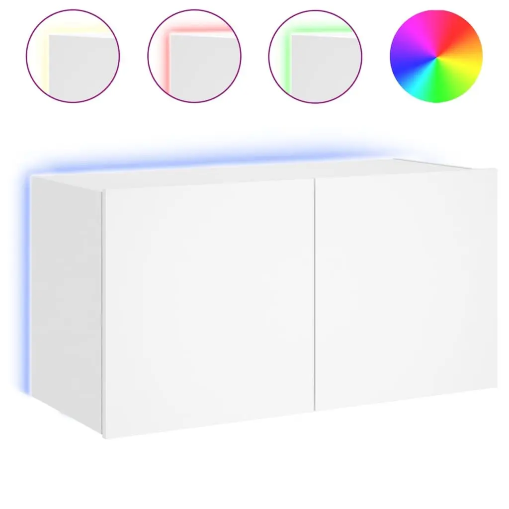 TV Wall Cabinet Storage Unit Floating Media Console Shelf White RGB LED Lights 80x35x41 cm