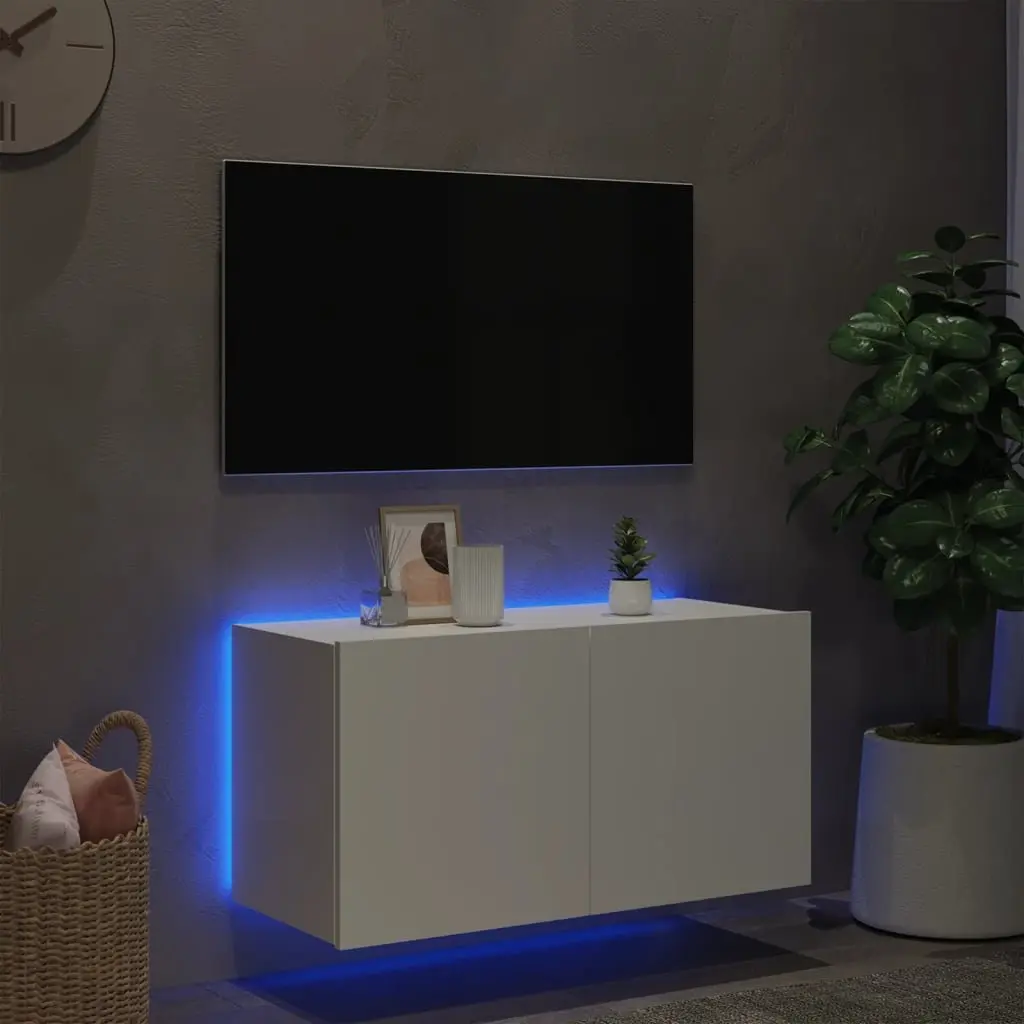 TV Wall Cabinet Storage Unit Floating Media Console Shelf White RGB LED Lights 80x35x41 cm