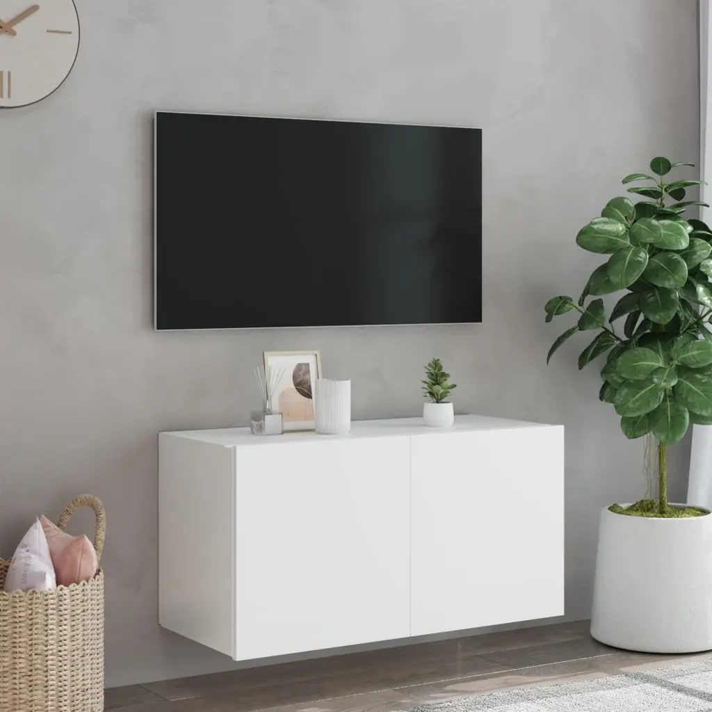 TV Wall Cabinet Storage Unit Floating Media Console Shelf White RGB LED Lights 80x35x41 cm