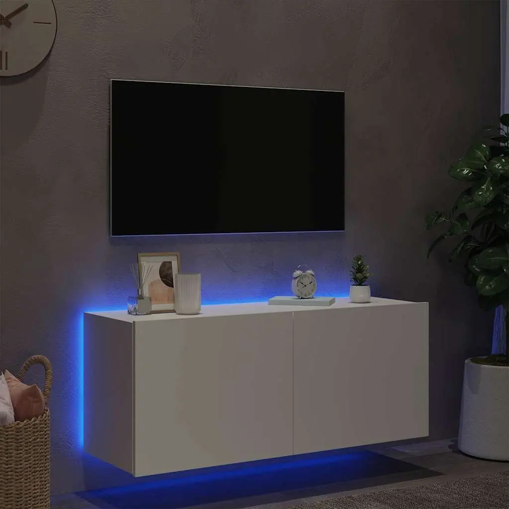 TV Wall Cabinet with RGB LED Lights White Floating Media Unit Storage