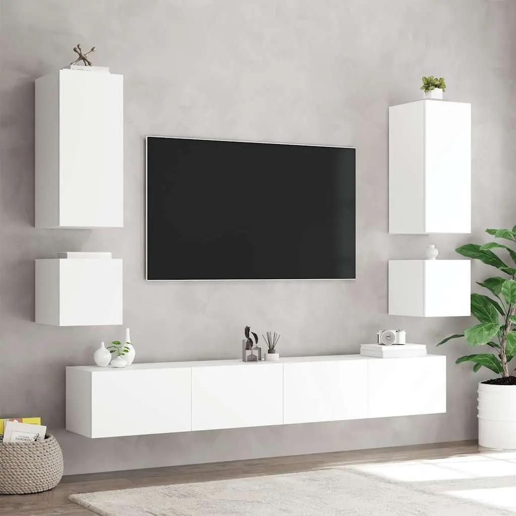 TV Wall Cabinet with RGB LED Lights White Floating Media Unit Storage