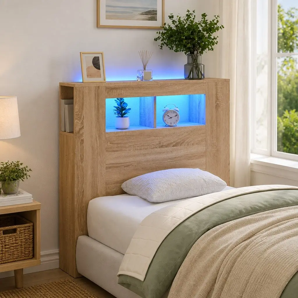 LED Headboard Brown Engineered Wood RGB Lights Modern Bedroom Furniture