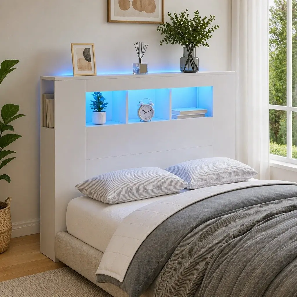 LED Headboard 120cm White Engineered Wood Bedroom Backrest Storage Display