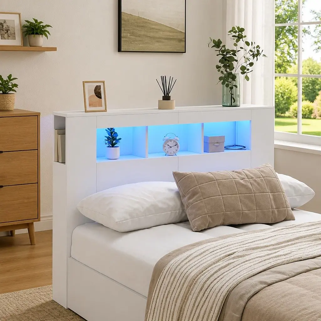 LED Headboard White 140 cm Engineered Wood Modern Bedroom Bed Furniture Storage