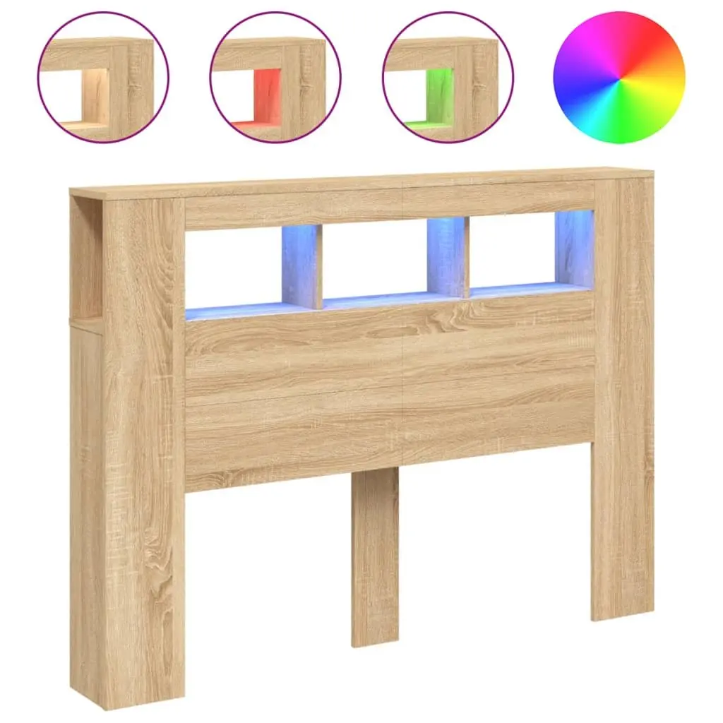 LED Headboard Storage 140 cm Brown Engineered Wood Modern Bedroom Furniture
