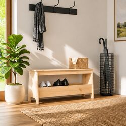 Warm Brown Solid Pine Hall Bench with Storage Solutions 100x28x45cm