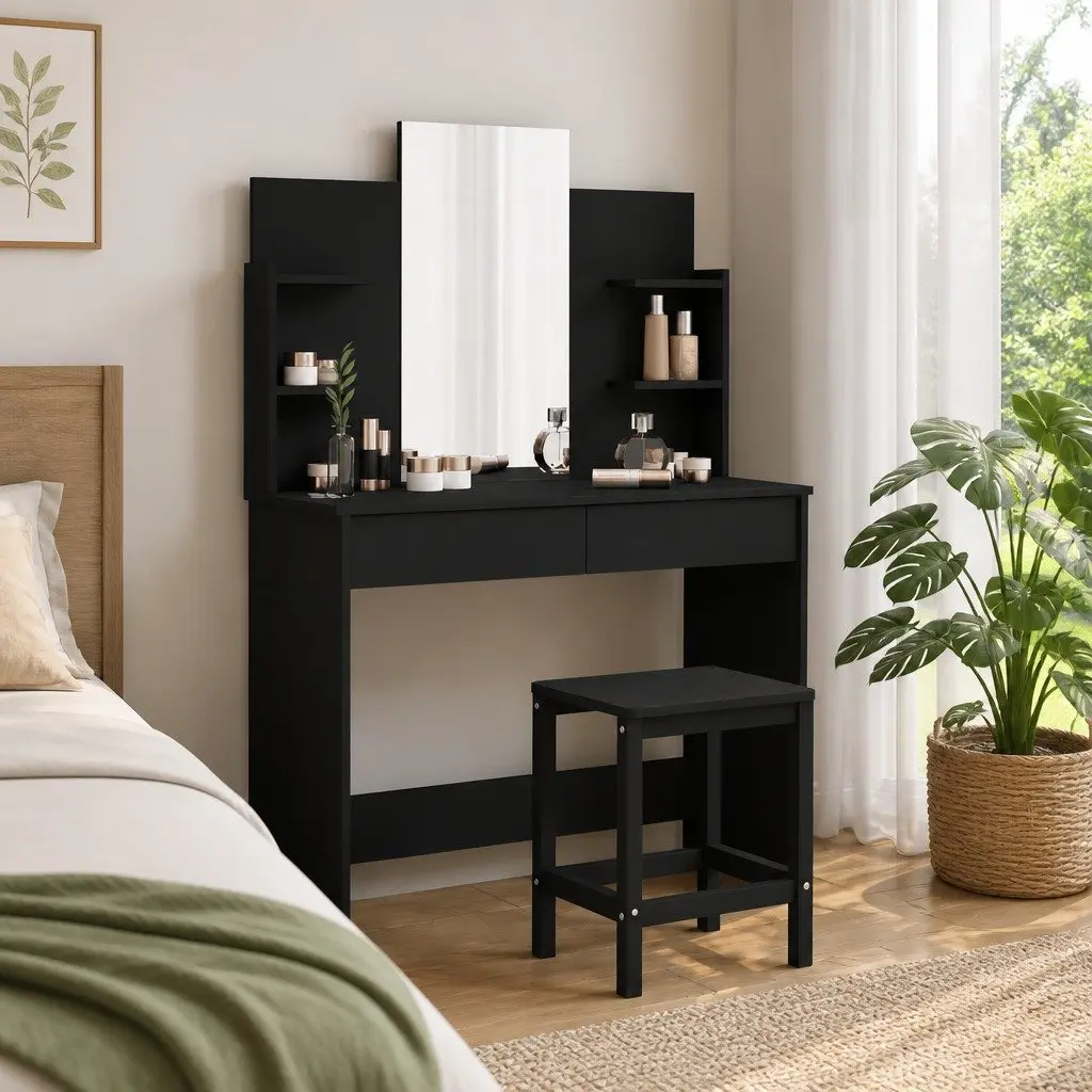 Black Vanity Table with Mirror and Storage