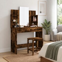 Dressing Table with Mirror Brown Bedroom Vanity Unit Makeup Desk Storage Drawers