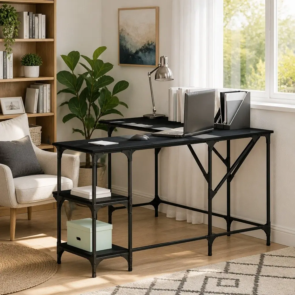 L-Shaped Corner Desk with Storage Shelves