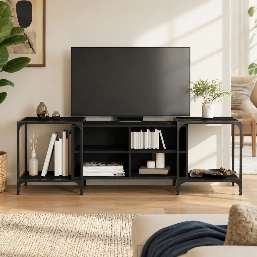 TV Cabinet Black Engineered Wood Media Stand Unit Storage Console 153 x 37 x 50 cm