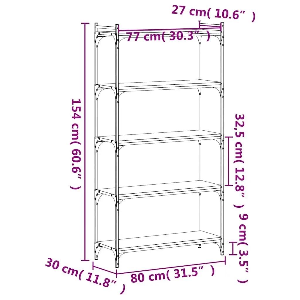 5-Tier Black Bookcase Engineered Wood Standing Shelf Storage Organiser
