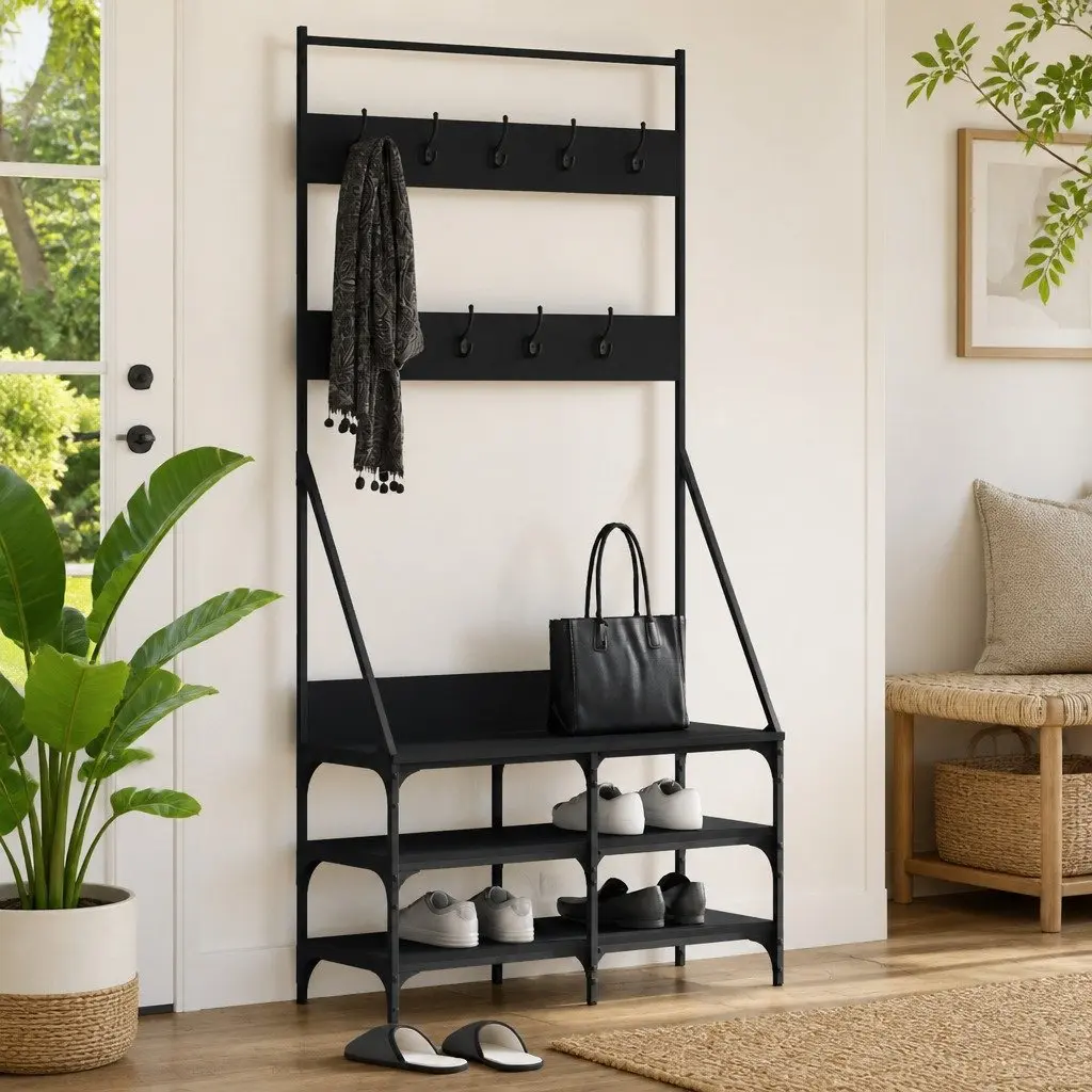Clothes Rack Shoe Storage Organiser Black Compact Garment Stand Hanger