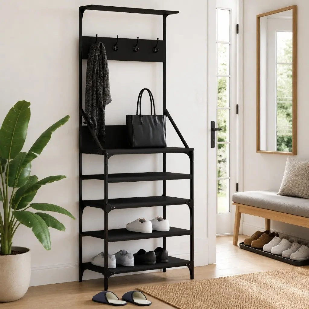 Clothes Rack Shoe Storage Organiser Compact Garment Stand Black 70x34x184cm