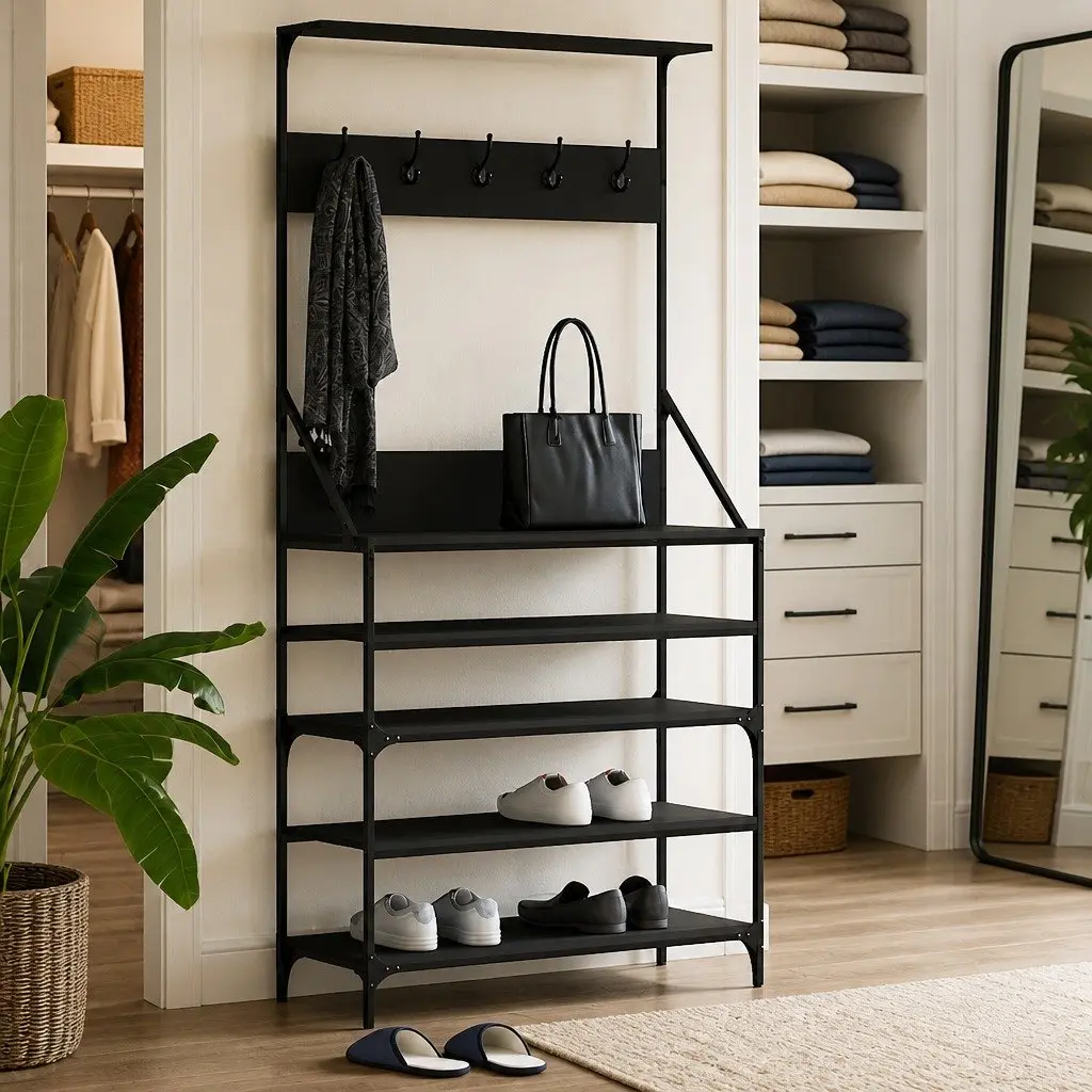 Clothes Rack Shoe Storage Organiser Compact Black 90x34x184 cm