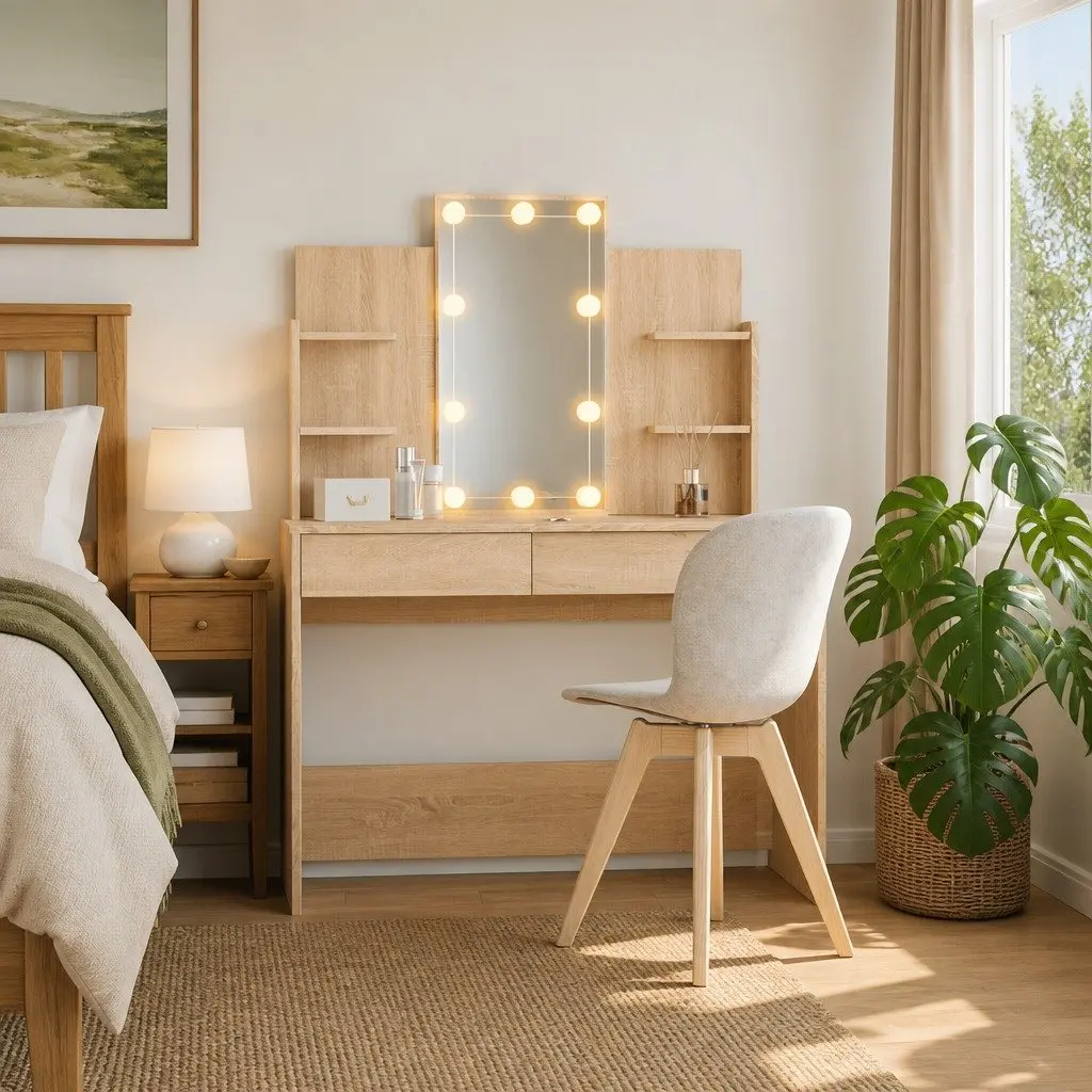 Dressing Table Bedroom Makeup Table with Mirror LED Lights Storage Drawers Shelves Brown 96W x 40D x 142H cm