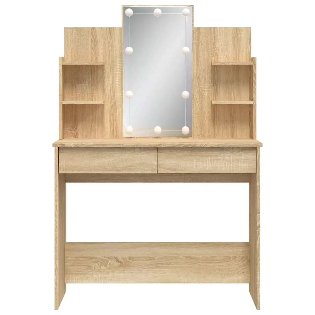 Dressing Table Bedroom Makeup Table with Mirror LED Lights Storage Drawers Shelves Brown 96W x 40D x 142H cm