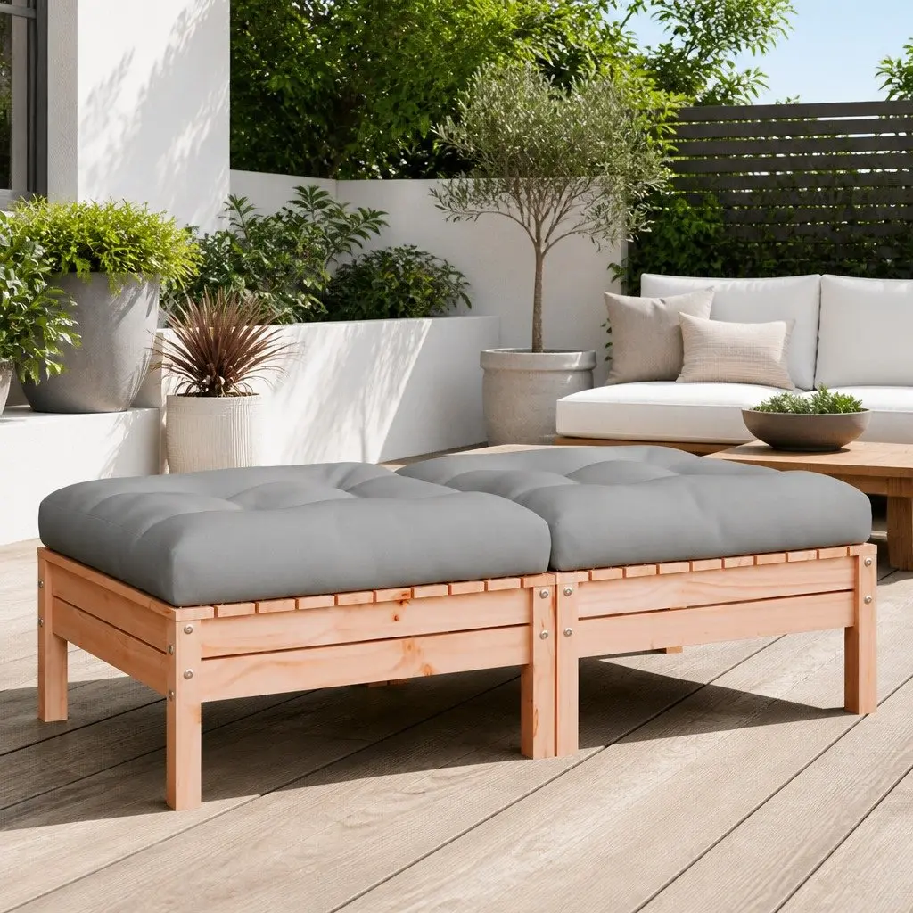 Outdoor Footstools Cushioned Brown Wooden 2 Piece Garden Patio Ottoman