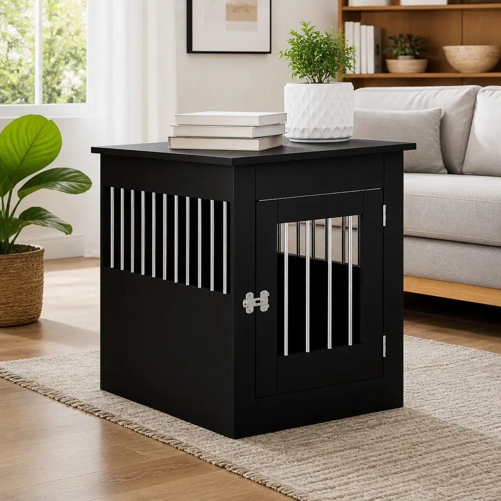 Dog Crate Furniture End Table Black Steel Wire 55x80x68cm
