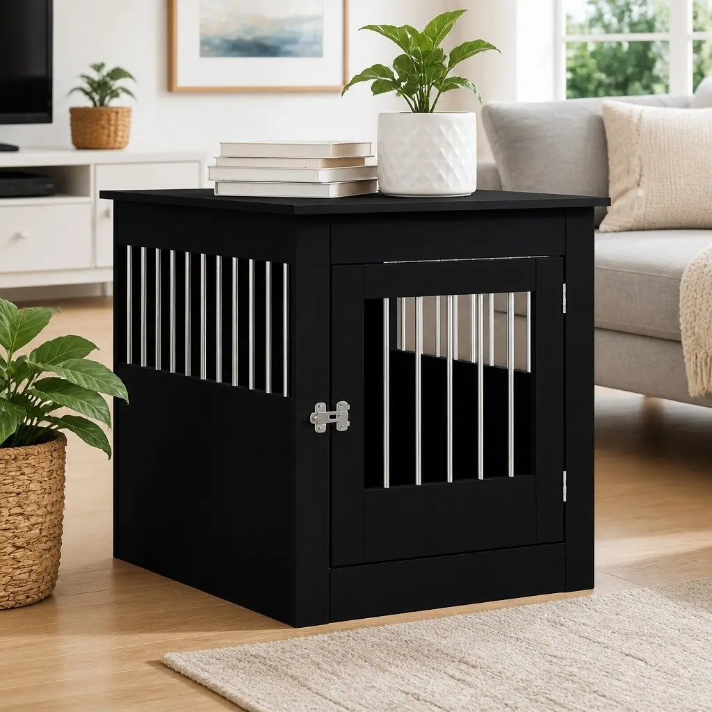 Dog Crate Furniture End Table Black 64.5x80x71cm Steel Wire Engineered Wood