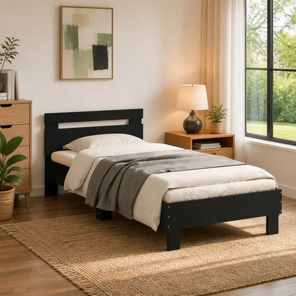 Bed Frame with Headboard Bedroom Use 90x190 cm Black Engineered Wood