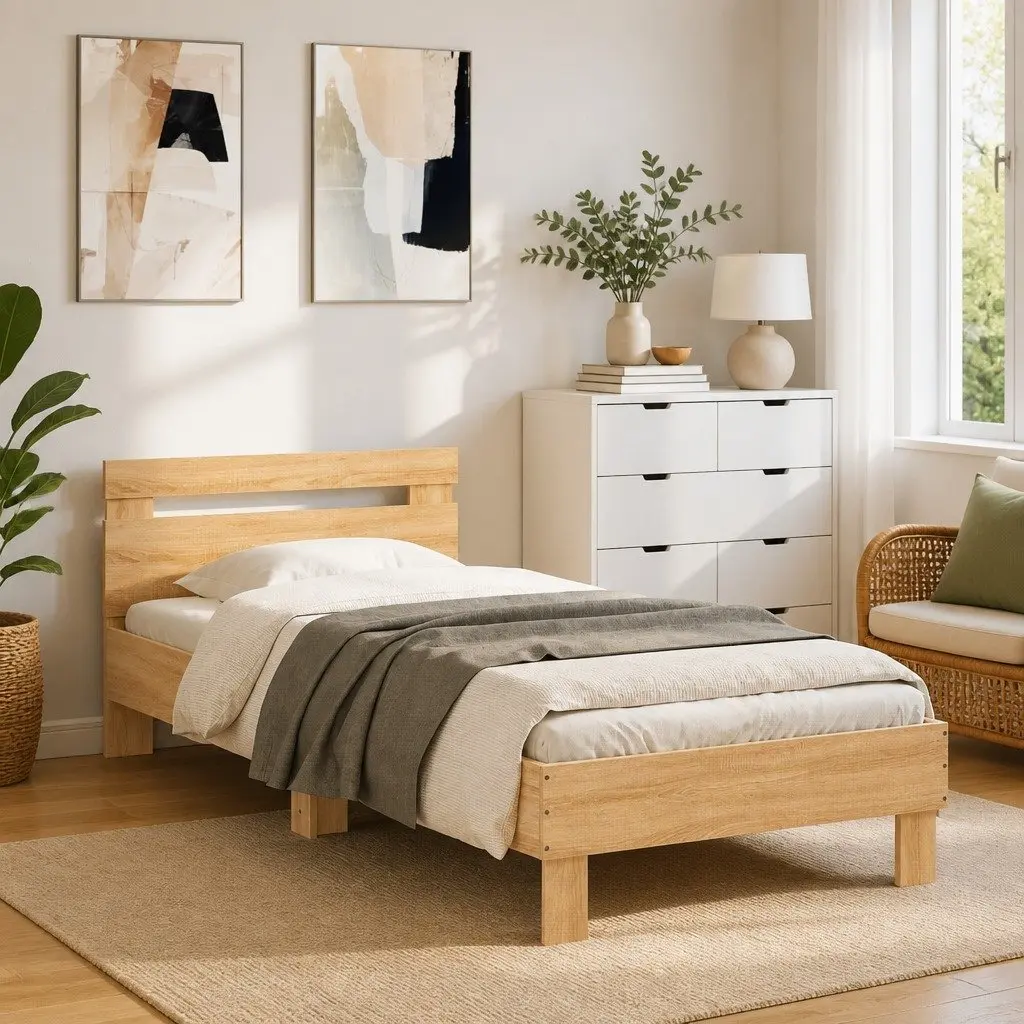 Bed Frame Headboard 90x190 cm Brown Engineered Wood Slatted Base