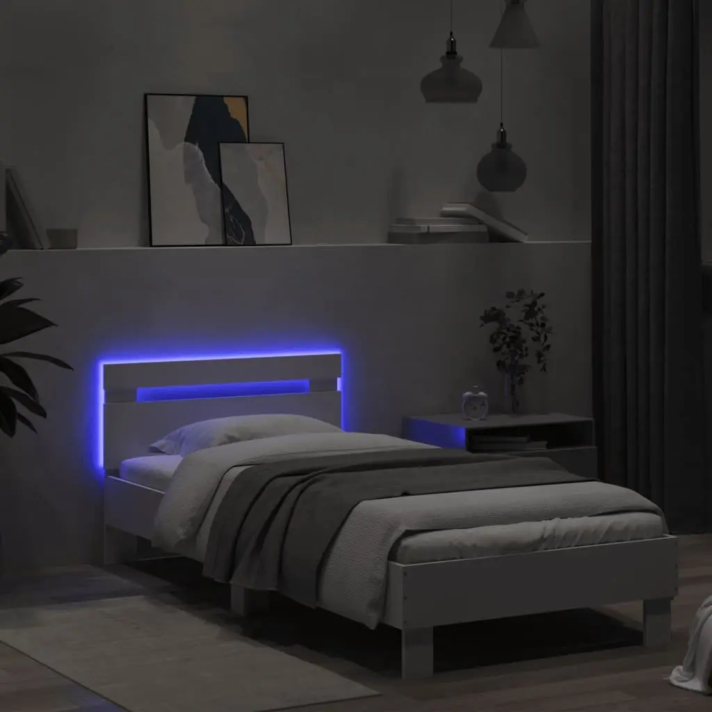 Bed Frame with Headboard RGB LED Lights 90x190 cm White