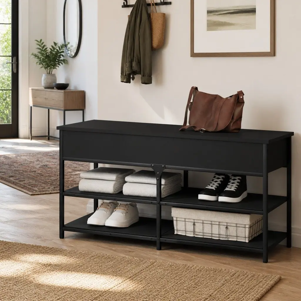 Storage Bench Black Hallway Shoe Organiser Engineered Wood Lift Top Entryway