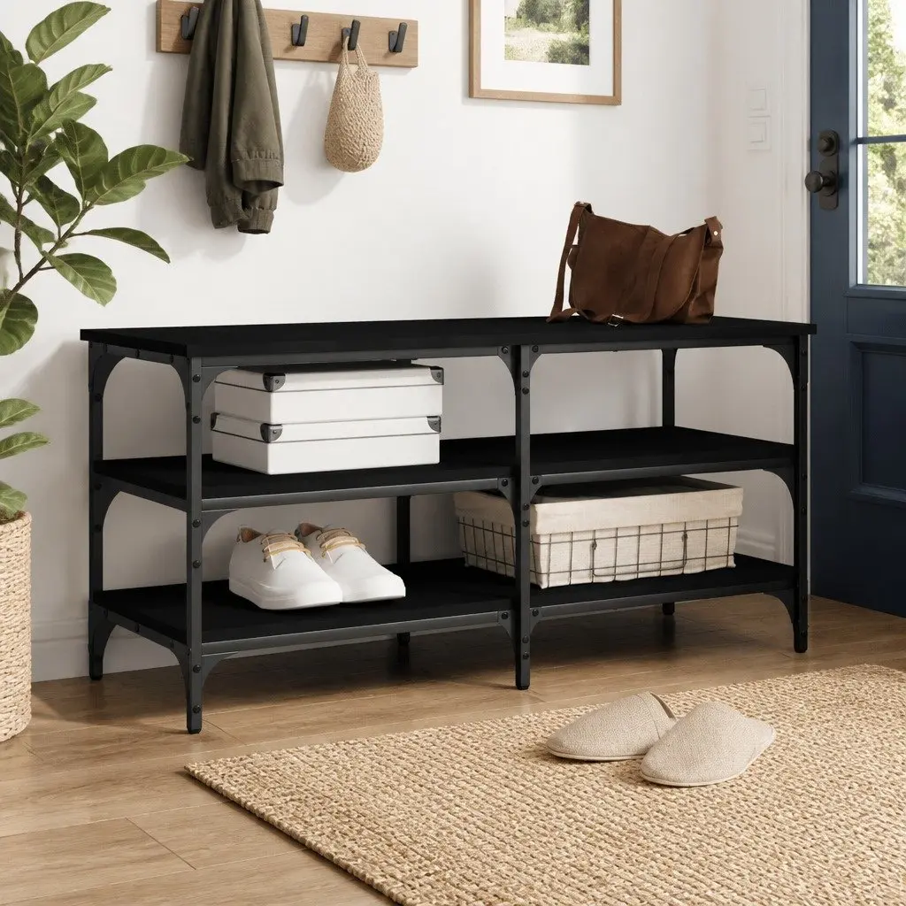 Shoe Bench Storage Hallway Entryway Organiser Black 100x38.5x49cm 3-Tier Shelves