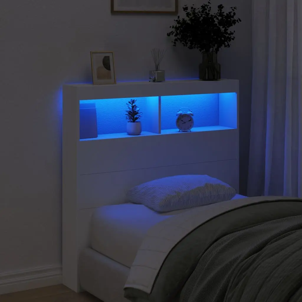 Headboard Cabinet RGB LED Lights White 100cm Modern Bedroom Storage