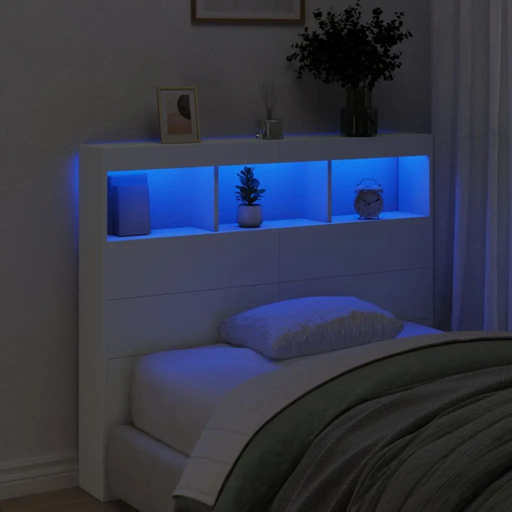 Headboard Cabinet RGB LED Lights Storage 120cm White Modern