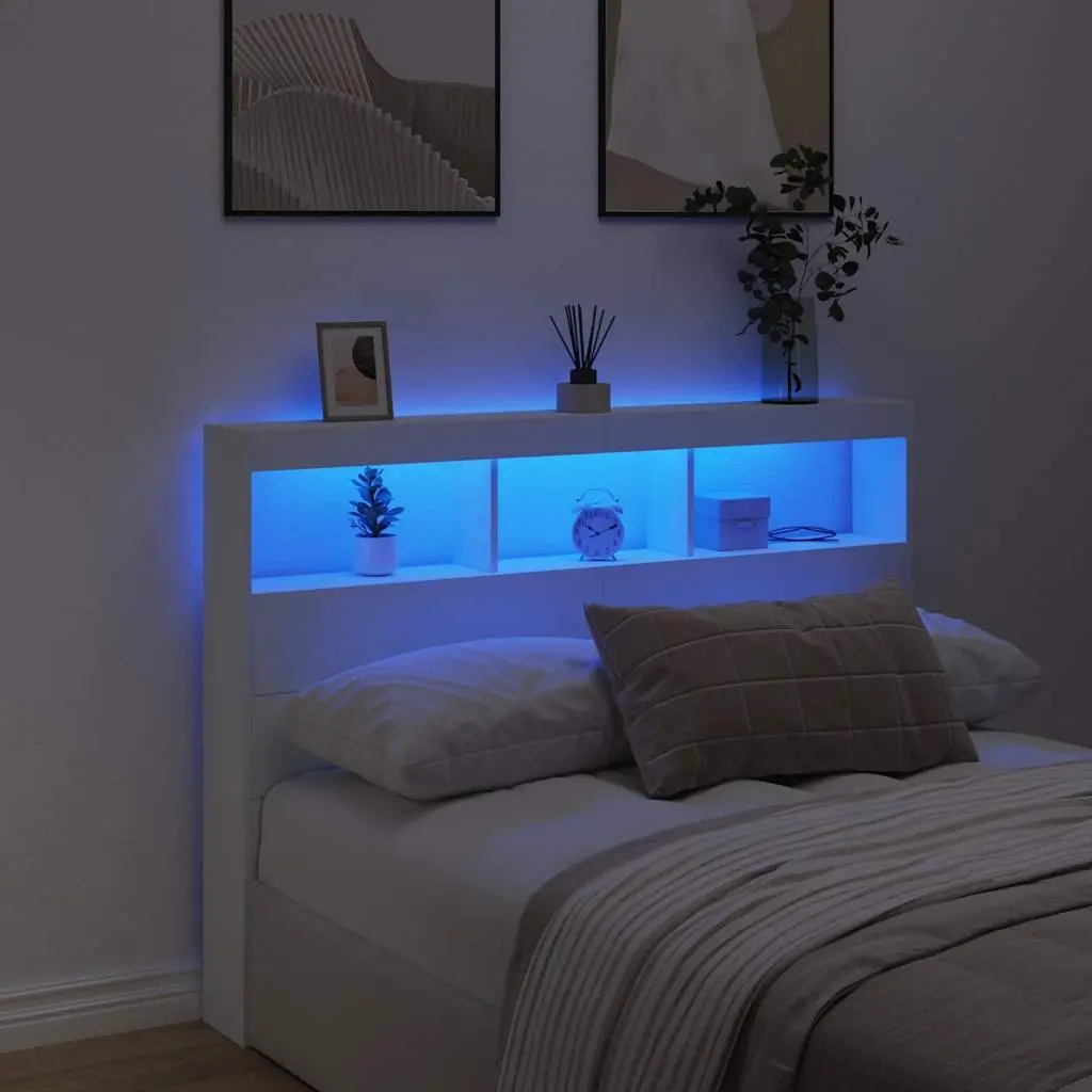 Headboard Cabinet with RGB LED Lights White 140 cm Modern Bedroom Storage