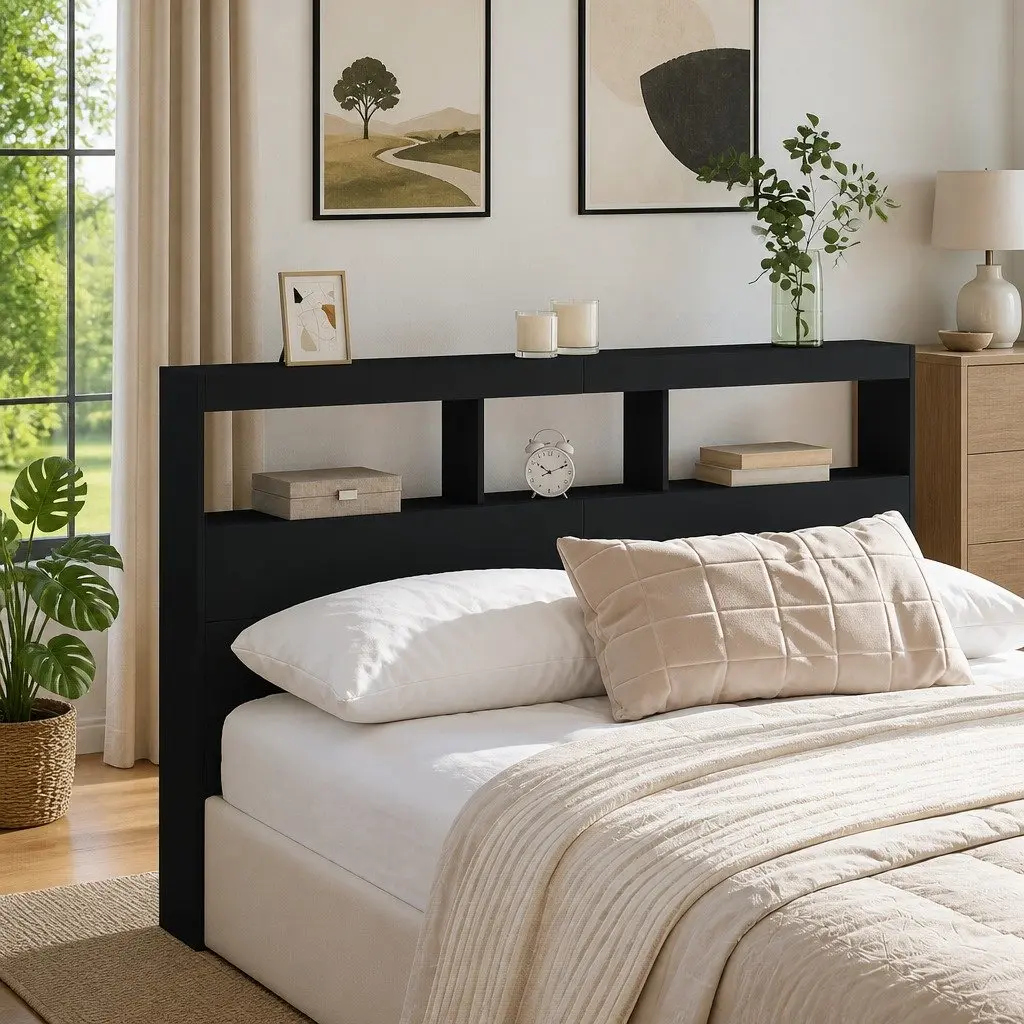 LED Headboard Cabinet Storage Black Modern Bedroom Bedside Headrest Design
