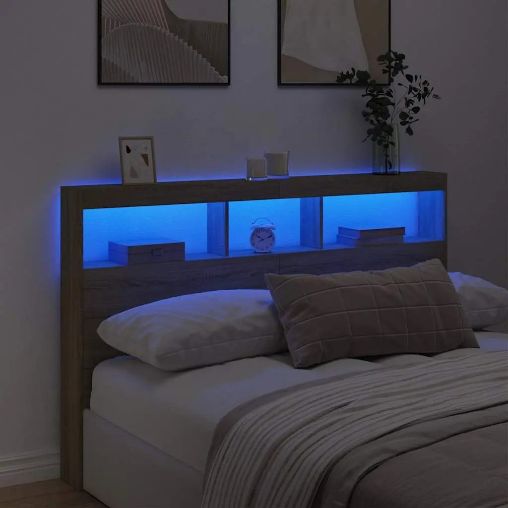 Headboard Cabinet RGB LED Lights Storage Bedroom Furniture 160cm Brown