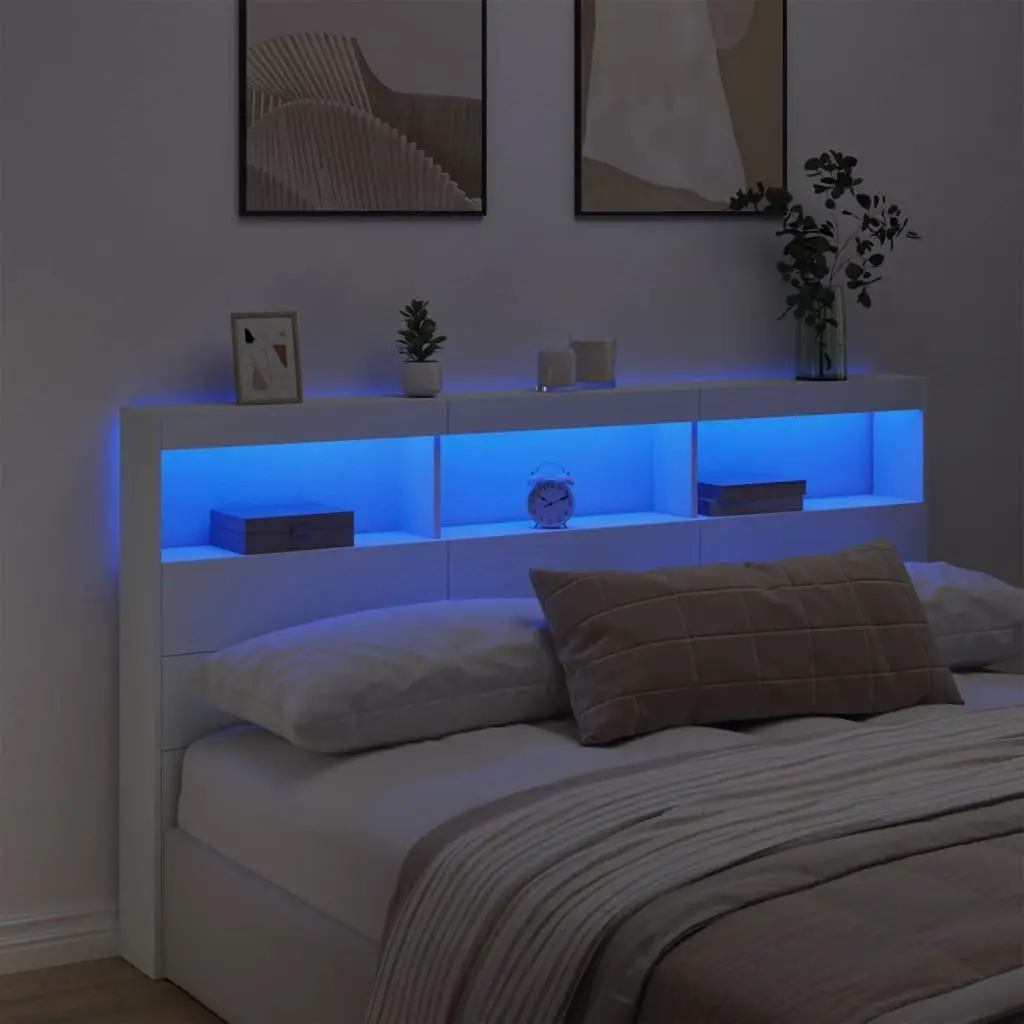 Headboard Cabinet with RGB LED Lights White 180cm Bedroom Storage Display