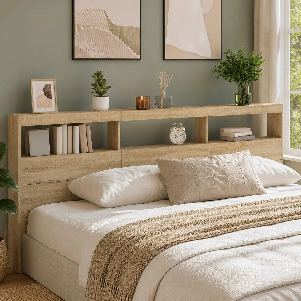 Headboard Cabinet with LED Lights Brown Bedroom Storage Bed Frame Display 220cm