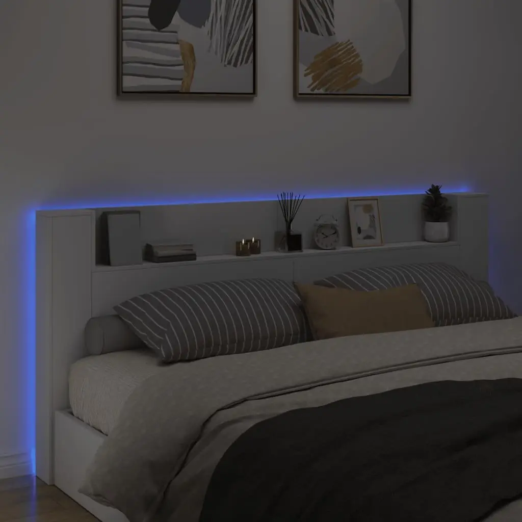 Headboard Cabinet with RGB LED Lights White 220cm Bedroom Storage Shelf