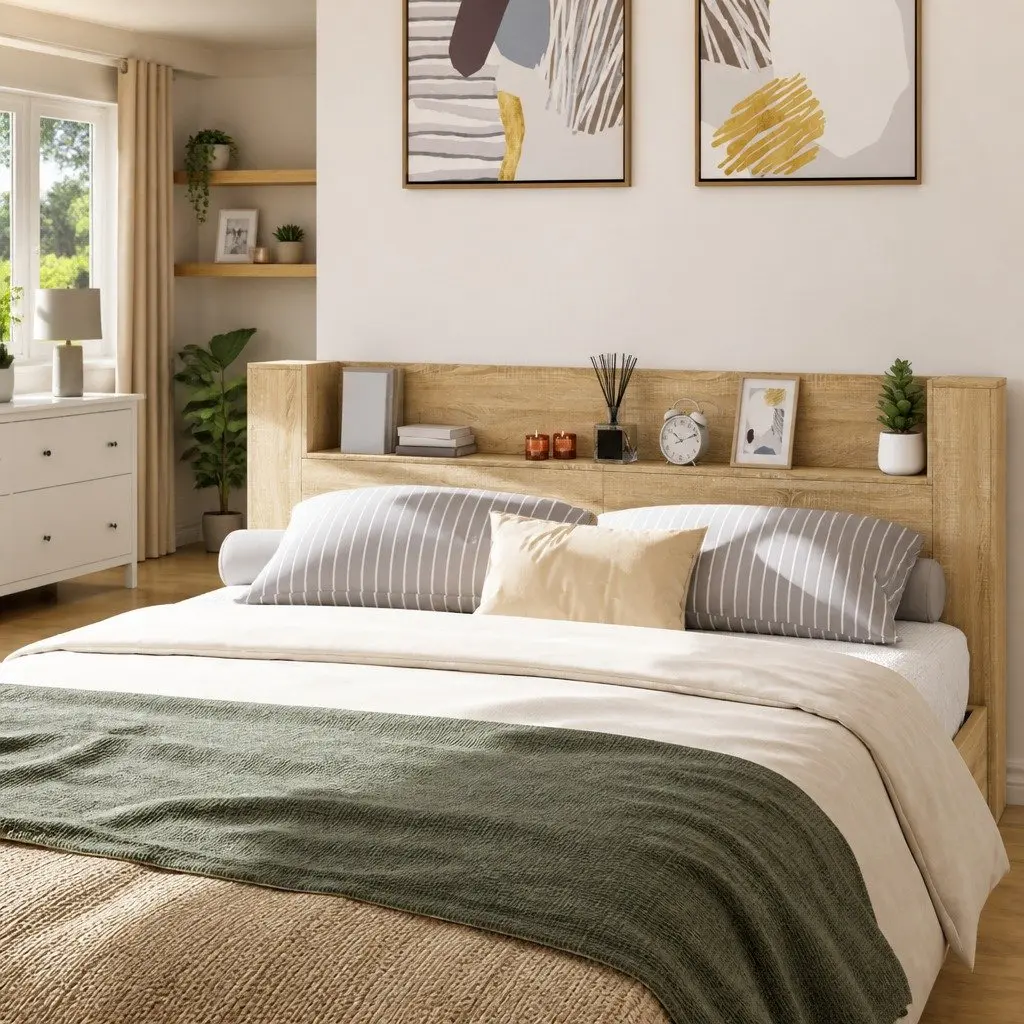 Headboard Cabinet RGB LED Lights Open Shelf Storage 220x16.5x103.5cm Brown Engineered Wood