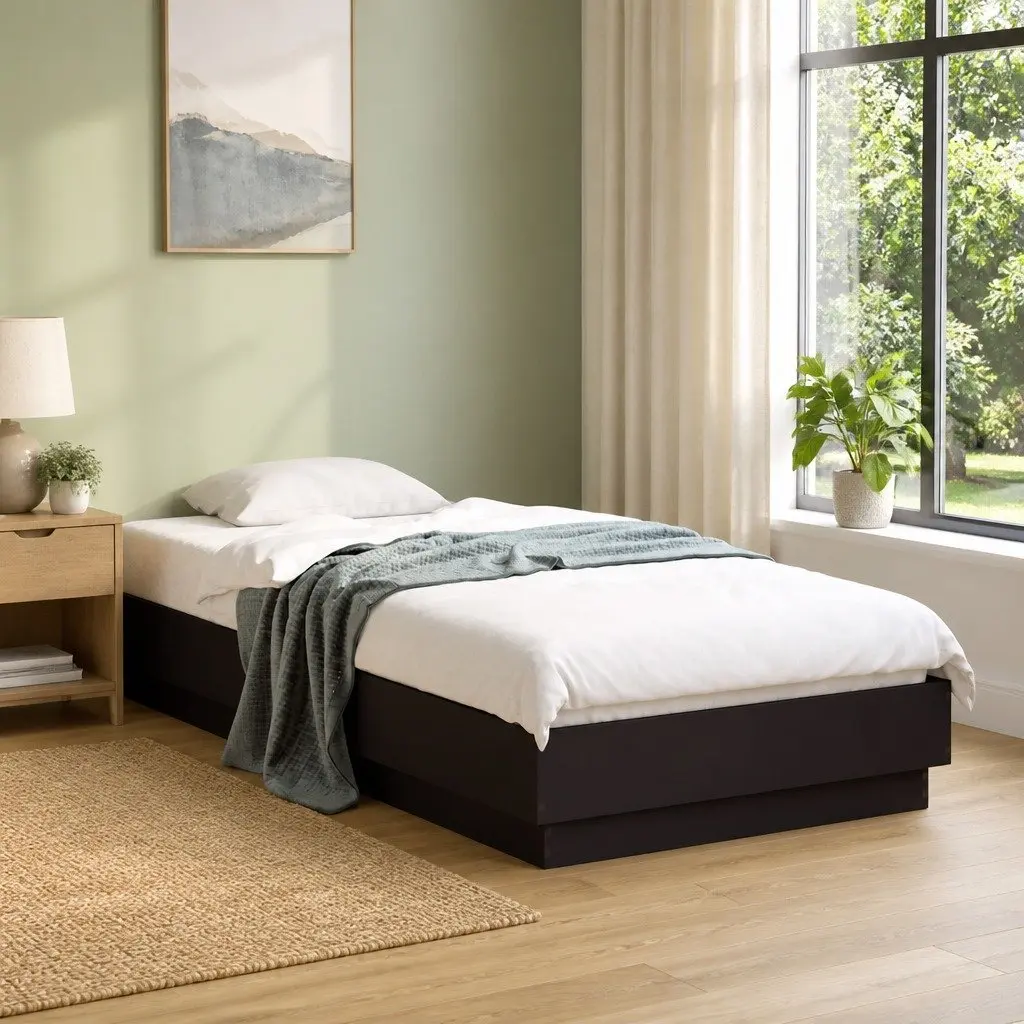 Black Bed Frame 90x190 cm Engineered Wood Slatted Base Bedroom Furniture