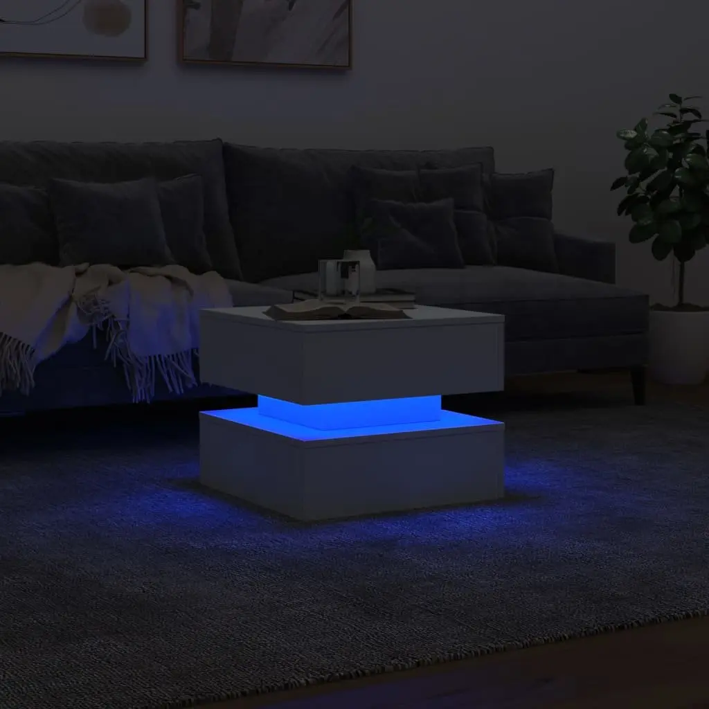 White Coffee Table with RGB LED Lights for Living Room 50cm x 50cm x 40cm