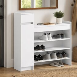 Shoe Cabinet White 100.5x28x100 cm Storage Organiser Cupboard Drawer Shelves